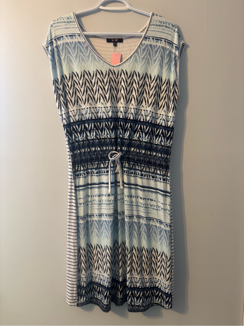 Yest Light Blue Patterned Midi Dress with Drawstring Waist
